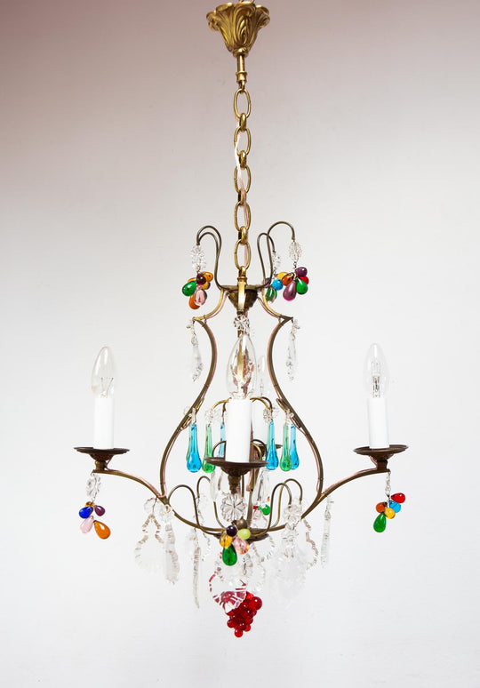 Chandelier francés bronce con cristales colores c. 1950/60s (47 cm)