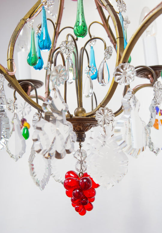 Chandelier francés bronce con cristales colores c. 1950/60s (47 cm)