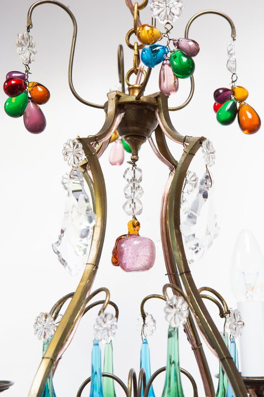Chandelier francés bronce con cristales colores c. 1950/60s (47 cm)