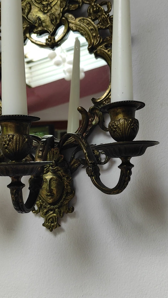 Grandes candelabros pared franceses con espejo, putti y mascarón c. 1880 (x UNIDAD)