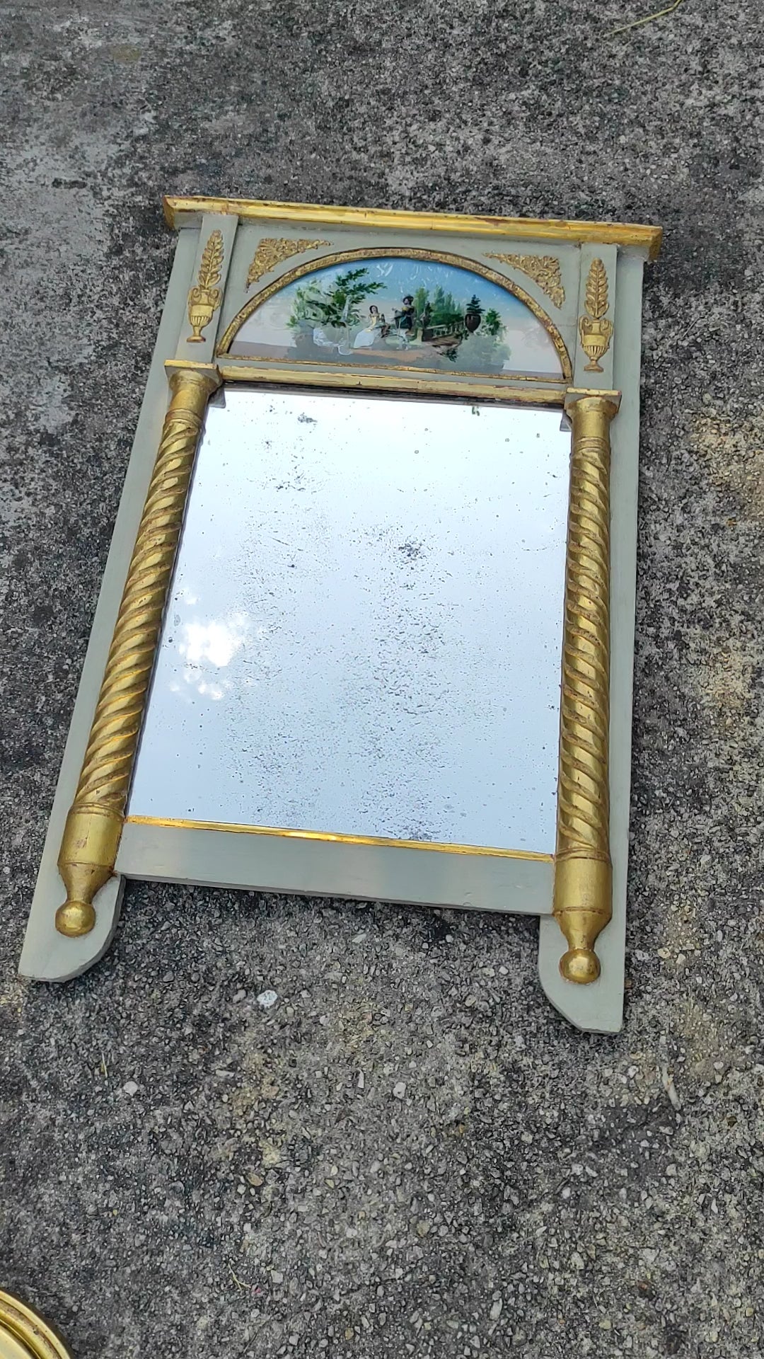 Antiguo espejo trumeau francés Restauración pintura bajo cristal c. 1830 (83,5*53,5 cm)