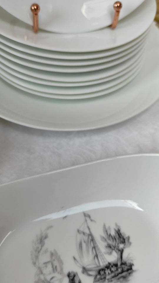 Vajilla francesa porcelana Limoges Raynaud "marinas grisalla" c. 1960s (38 PIEZAS)
