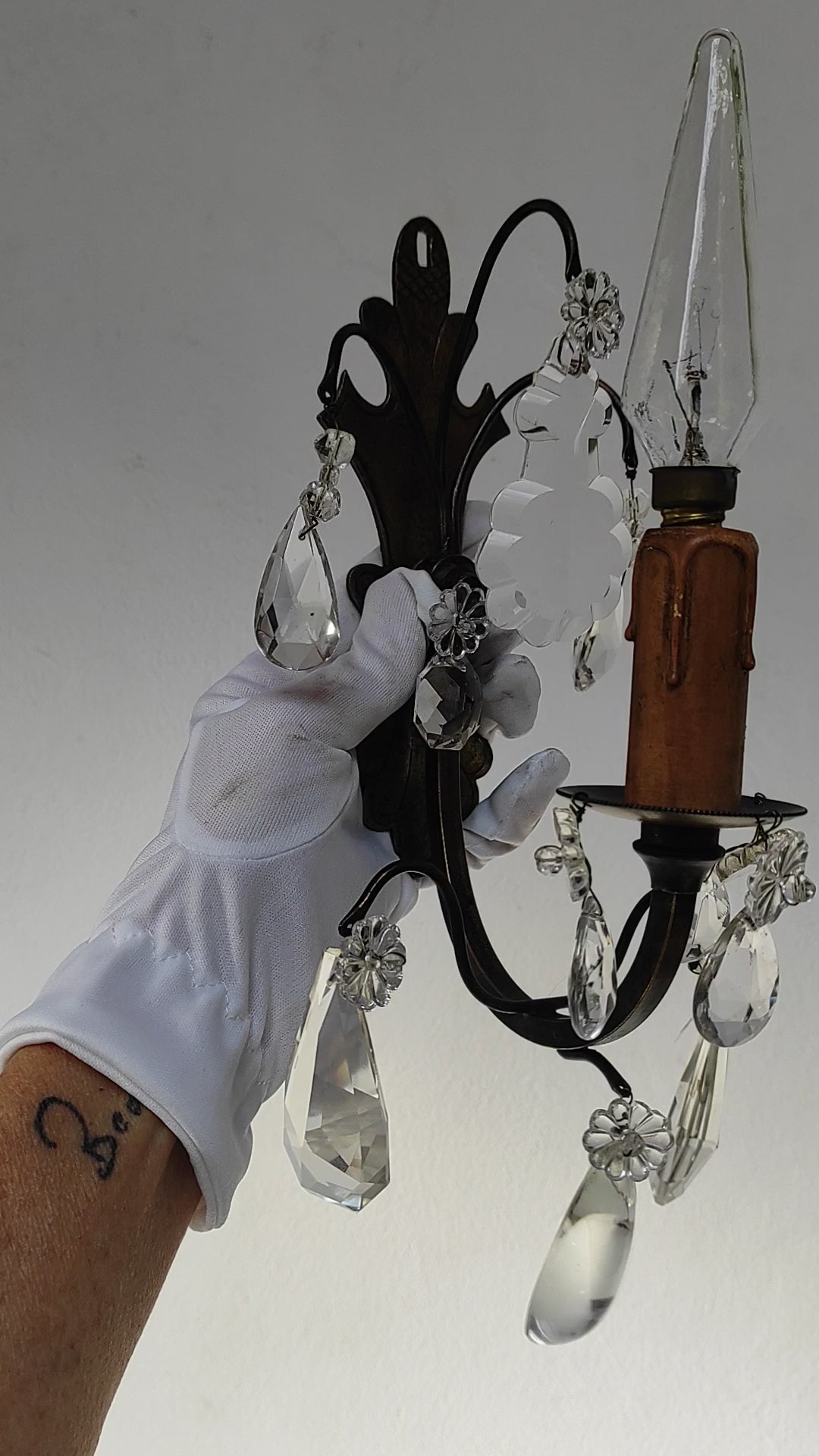 Pareja antiguos apliques franceses latón y cristales c. 1930