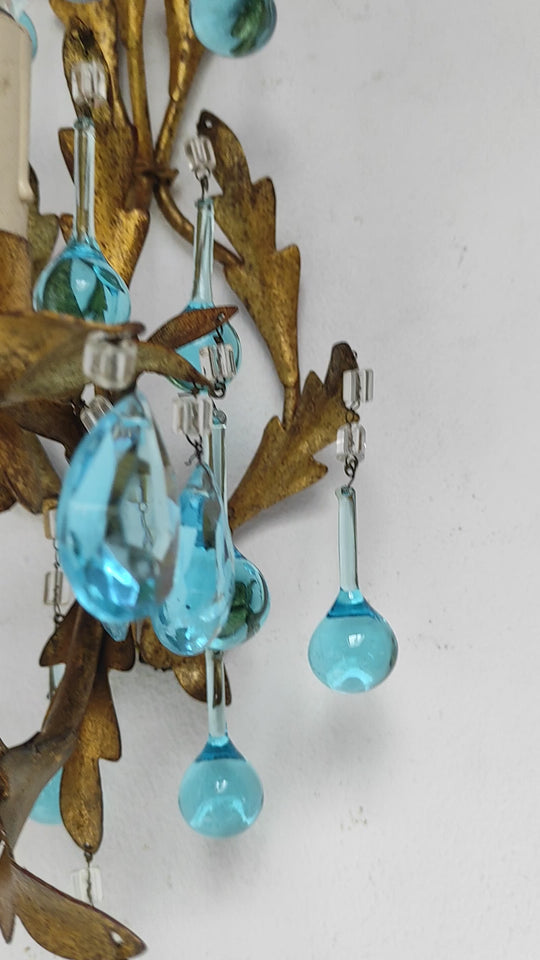 Aplique italiano hierro dorado y cristales azul turquesa c. 1960 (42 cm)