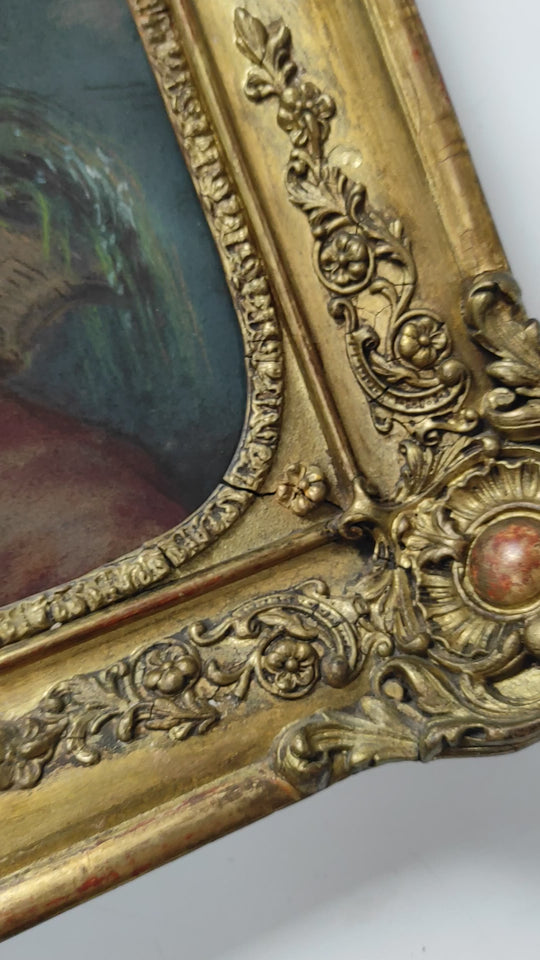 Antiguo retrato femenino al pastel francés en marco original fechado año 1857