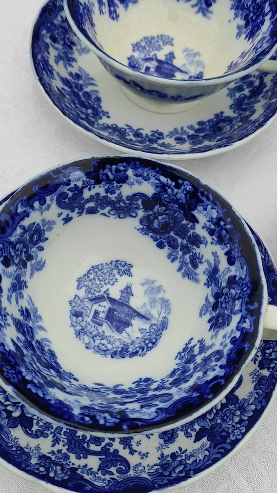 Antiguo juego de té inglés GENEVESE para 6 en loza azul y blanco, MINTONS 1891-1912 (15 PIEZAS)