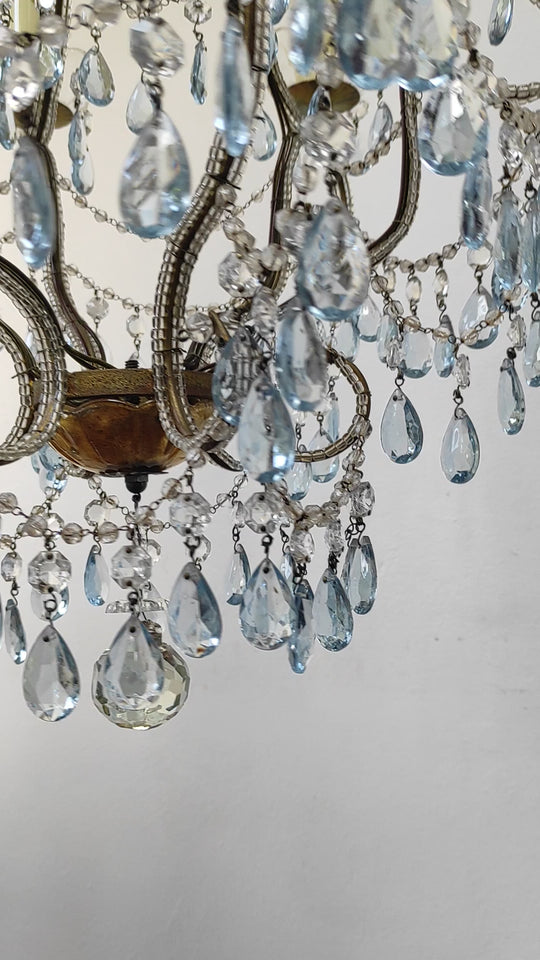 Chandelier italiano cascada metal dorado con cristales azules c. 1960 (42 cm)