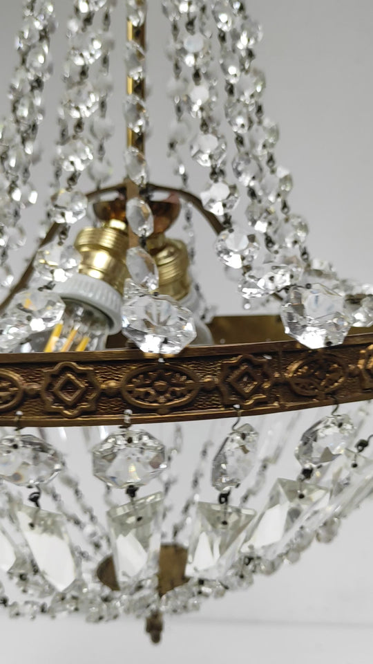 Antiguo chandelier GLOBO "montgolfier" francés bronce y cristales (31 cm)