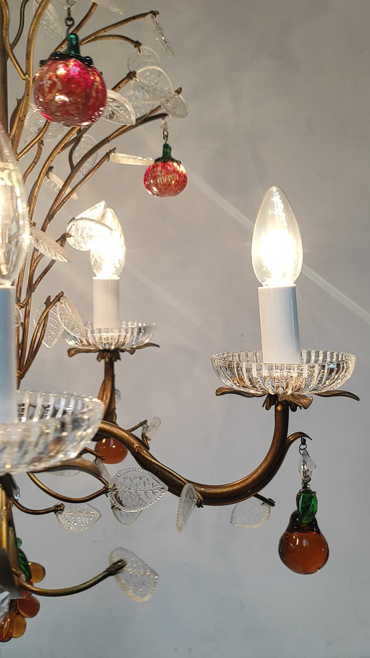Chandelier italiano metal cobrizo hojas cristal y frutas colores (49 cm)