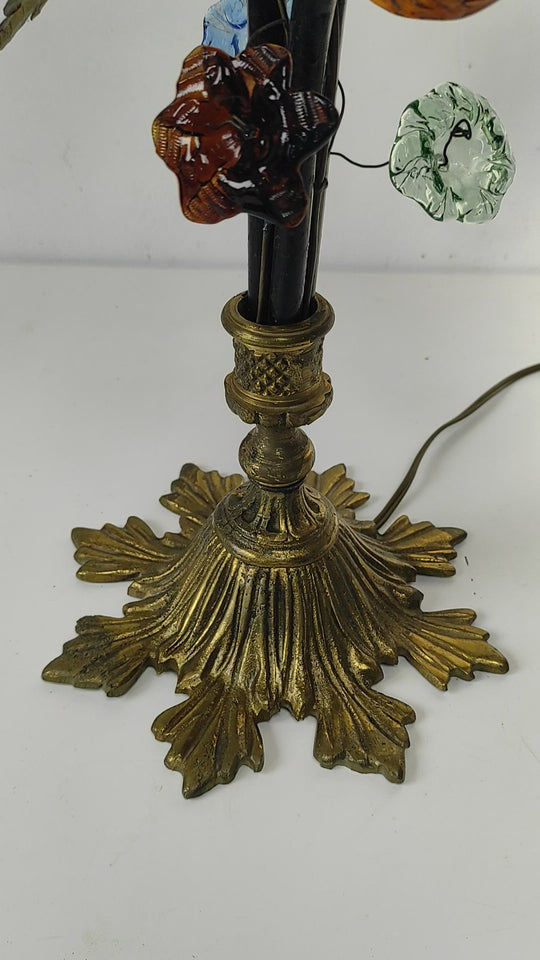 Antigua lámpara mesa bronce y racimos cristal Murano s. XX (57 cm)
