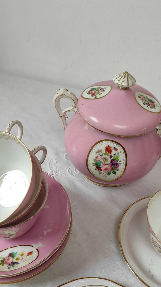 Juego de té PARA 11 porcelana rosa medallón Vieux Paris c. 1900s (25 PIEZAS)