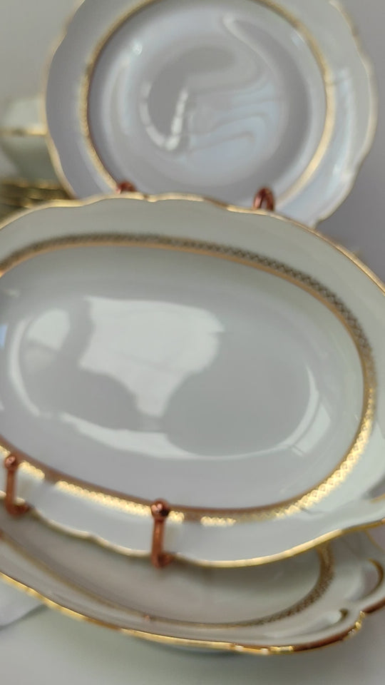 Vajilla antigua porcelana blanca y dorada francesa Limoges Chapus Frères (40 PIEZAS)