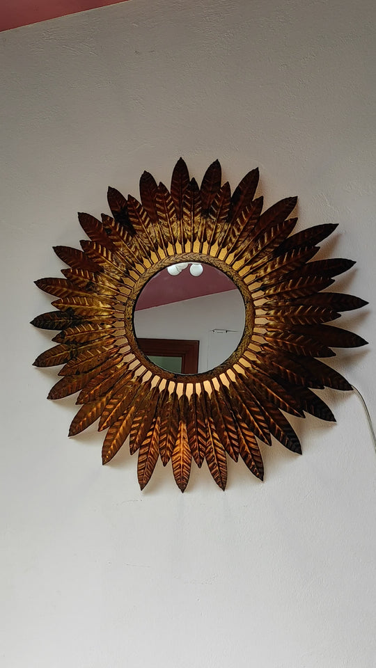 espejo sol metal dorado retroiluminado vintage gold sunburst mirror