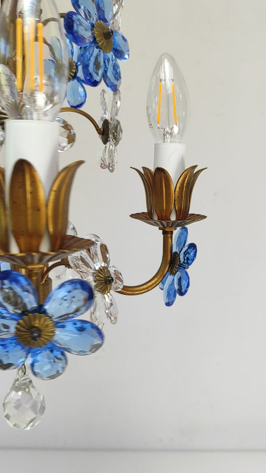 Chandelier italiano metal dorado flores cristal azul c. 1970 (24 cm)