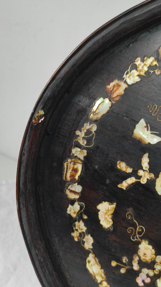 Gran bandeja decorativa palisandro marquetería nácar Indochina s. XIX (67*40 cm)