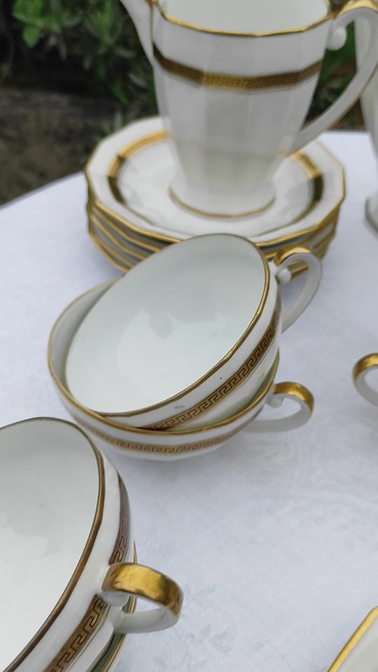 Juego de té PARA 12 porcelana Limoges filo dorado greca clásica (27 PIEZAS)