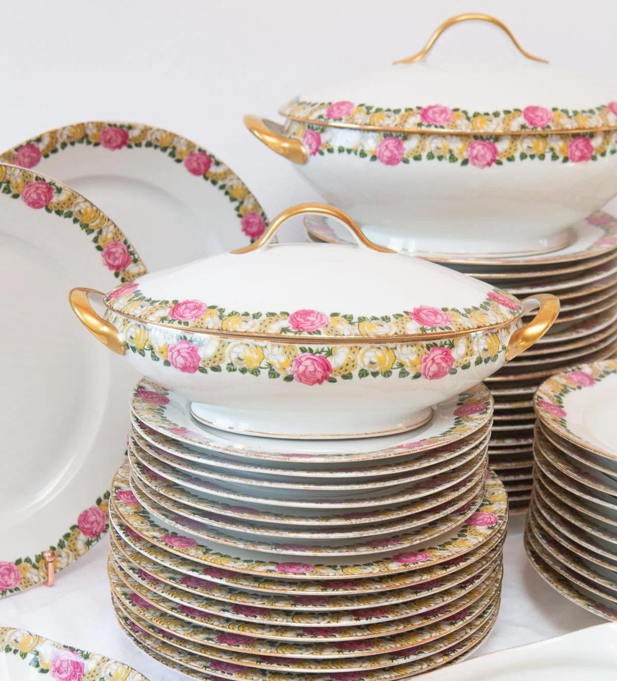 Vajilla antigua de porcelana con guirnalda de rosas y filo dorado